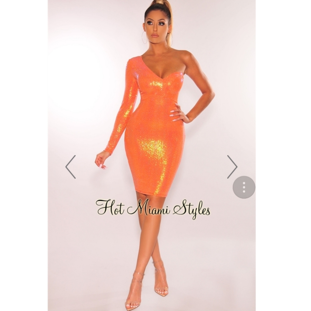 Tangerine One Sleeve Midi Dress.